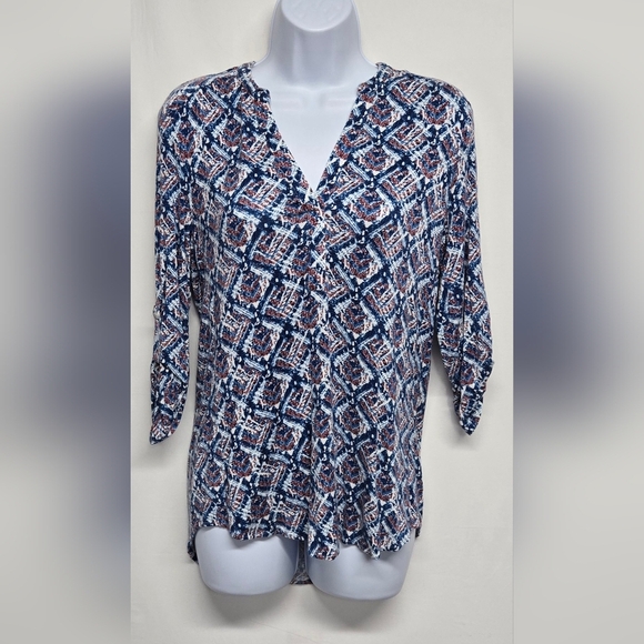 Max Jeans S Slinky Stretch Knit Pullover Top Adjustable Sleeve Geometric Print - Picture 1 of 7